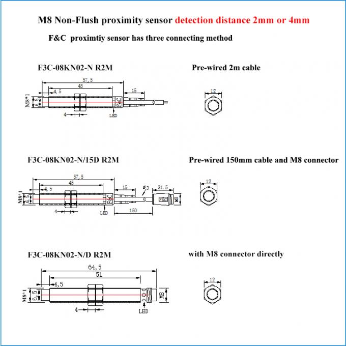 2 ouverts normaux de détection inductifs non-concis du capteur de proximité du fil 12V 2mm